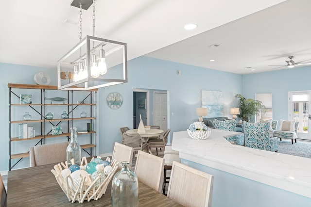 dining area with visible vents, a ceiling fan, and recessed lighting