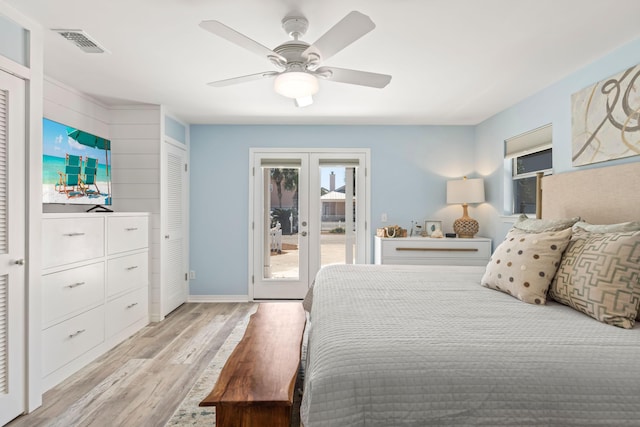 bedroom with ceiling fan, visible vents, access to outside, french doors, and light wood finished floors