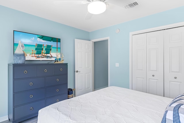 bedroom featuring ceiling fan, a closet, and visible vents