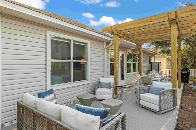 view of patio / terrace featuring a deck, outdoor dining area, outdoor lounge area, a grill, and a pergola