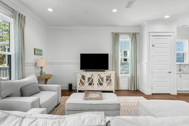 living room featuring sink, wood-type flooring, ornamental molding, and a wealth of natural light