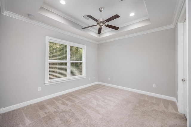 spare room featuring light colored carpet, a raised ceiling, ceiling fan, and crown molding