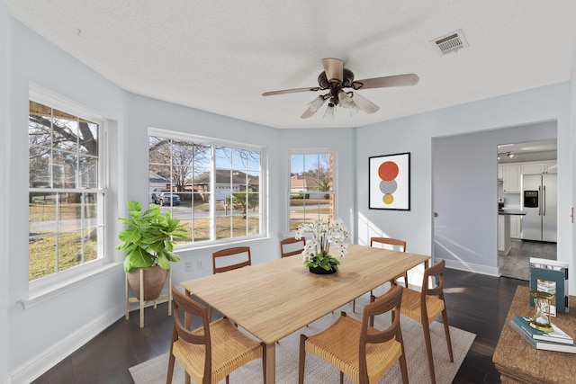 dining room featuring dark hardwood / wood-style floors, a textured ceiling, and a wealth of natural light