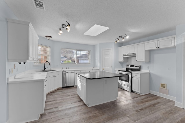 kitchen featuring a center island, white cabinets, sink, a skylight, and appliances with stainless steel finishes