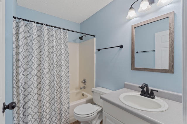 full bathroom with shower / tub combo, vanity, a textured ceiling, and toilet