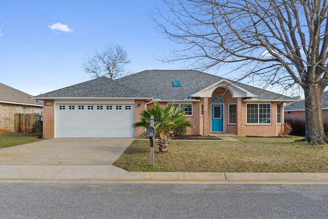 single story home featuring a front yard and a garage