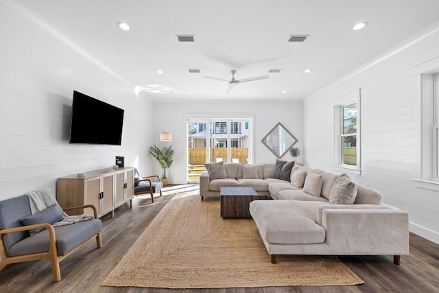 living room featuring ceiling fan, crown molding, and dark wood-type flooring