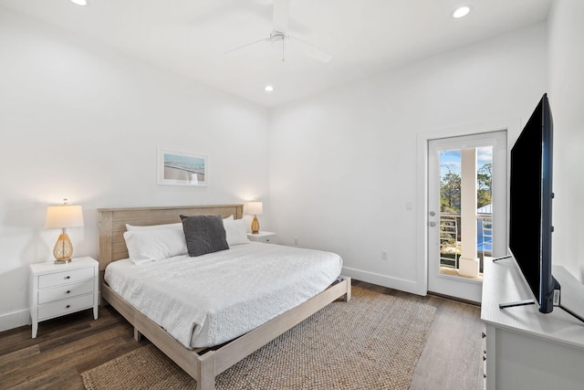 bedroom with access to exterior, ceiling fan, and dark wood-type flooring