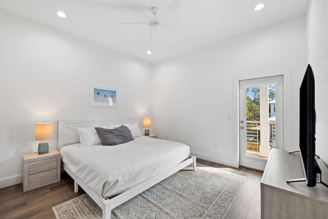 bedroom with access to exterior, ceiling fan, and hardwood / wood-style floors