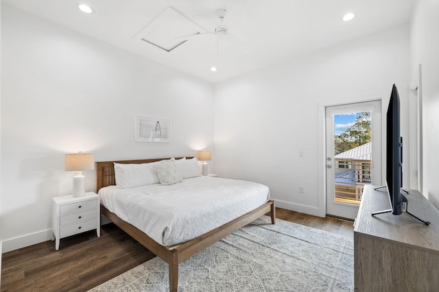 bedroom with dark hardwood / wood-style flooring, access to outside, and ceiling fan