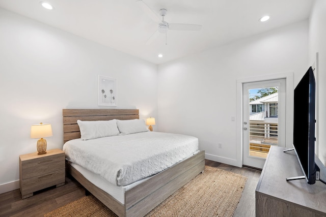 bedroom featuring access to exterior, light hardwood / wood-style flooring, and ceiling fan