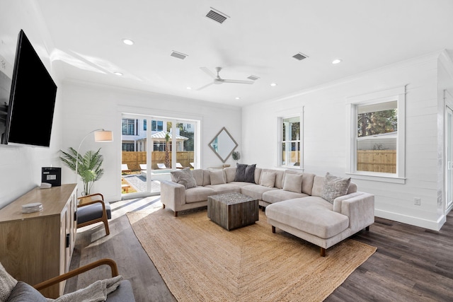 living room with ceiling fan, crown molding, and dark wood-type flooring