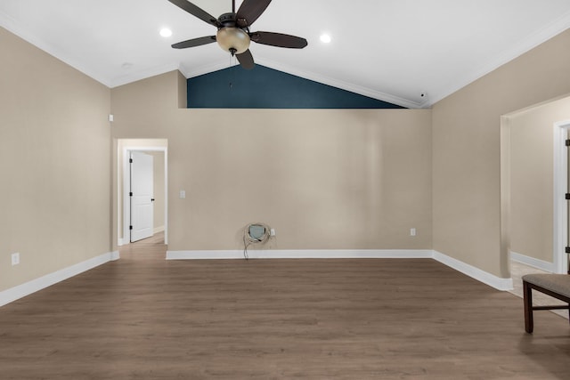 unfurnished living room with ornamental molding, dark hardwood / wood-style flooring, vaulted ceiling, and ceiling fan