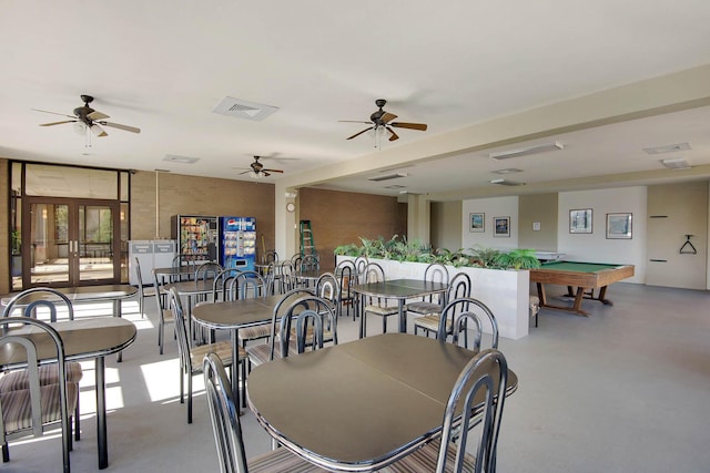 dining room featuring french doors, billiards, and ceiling fan