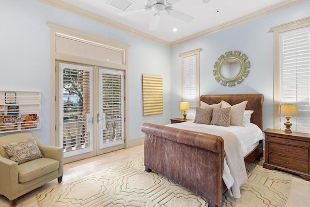 bedroom with ceiling fan, access to exterior, crown molding, and french doors