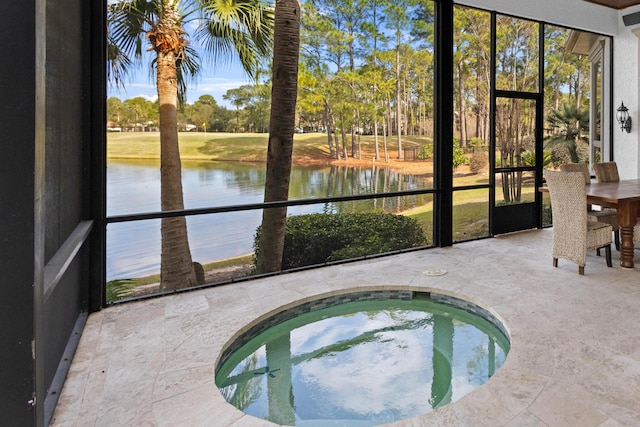 interior space featuring a water view