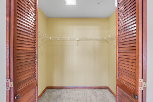 spacious closet featuring light colored carpet