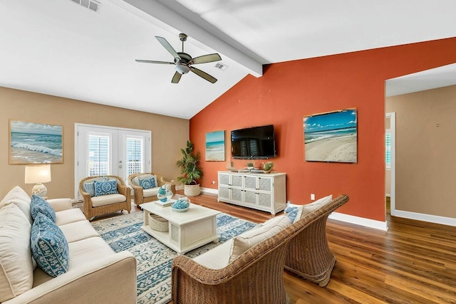 living room featuring french doors, vaulted ceiling with beams, visible vents, wood finished floors, and baseboards