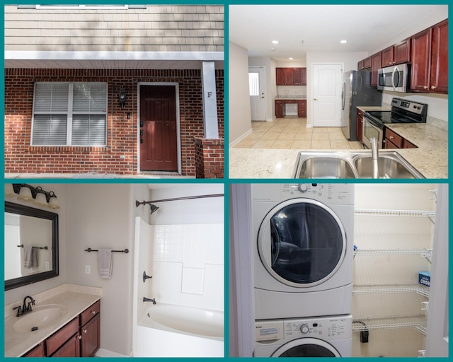 clothes washing area with sink, light tile patterned floors, brick wall, and stacked washer / dryer