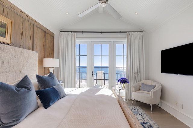 bedroom featuring access to outside, ceiling fan, wood-type flooring, and lofted ceiling