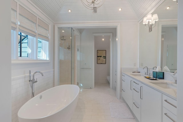 full bathroom with wooden ceiling, a chandelier, toilet, plus walk in shower, and vanity