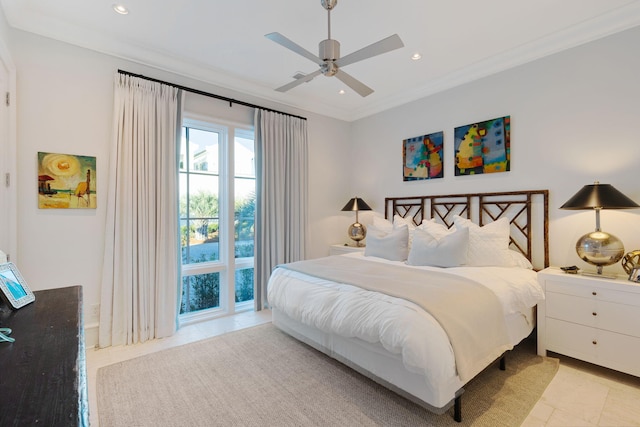 bedroom with ceiling fan, light tile patterned floors, and crown molding