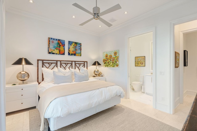 tiled bedroom with connected bathroom, ceiling fan, and crown molding