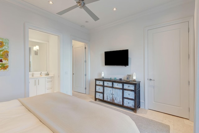 bedroom featuring ceiling fan, ornamental molding, sink, and connected bathroom