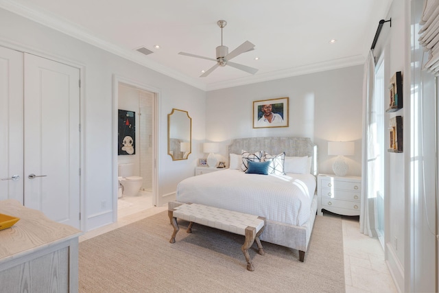 bedroom featuring ceiling fan, crown molding, a closet, and connected bathroom