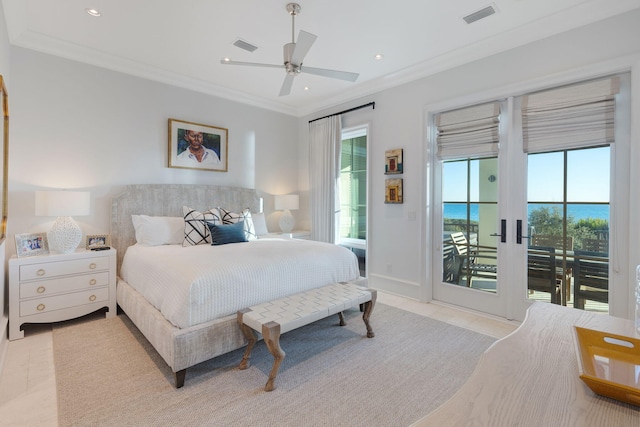 tiled bedroom with ceiling fan, access to outside, and crown molding