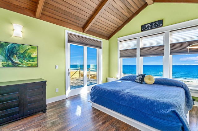 bedroom with vaulted ceiling with beams, a water view, dark wood-type flooring, and access to outside