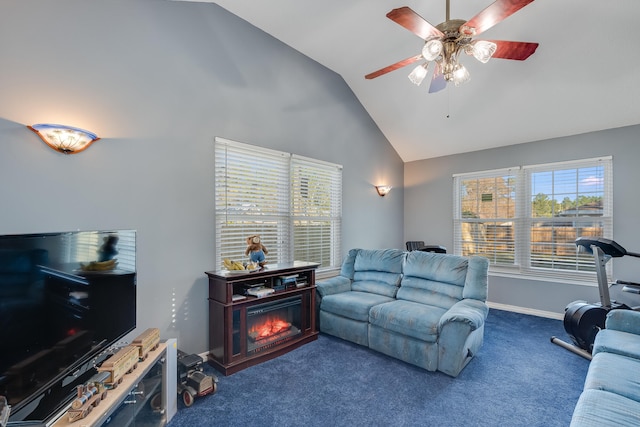 carpeted living room with lofted ceiling and ceiling fan