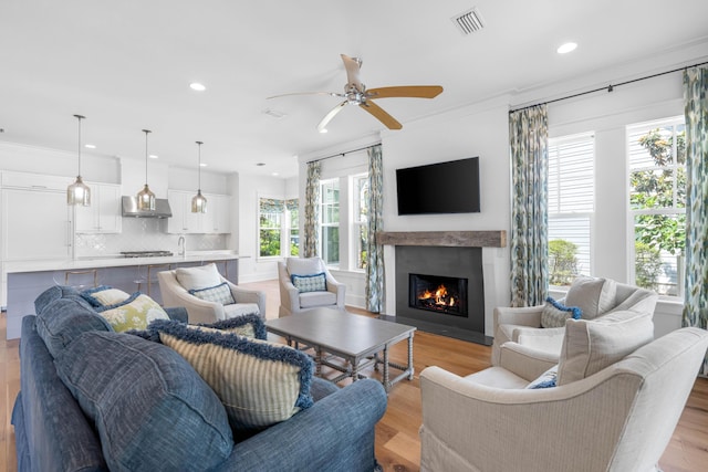 living room with light wood-type flooring, ceiling fan, ornamental molding, and sink