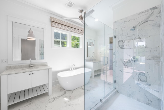 bathroom with separate shower and tub, ceiling fan, vanity, and ornamental molding