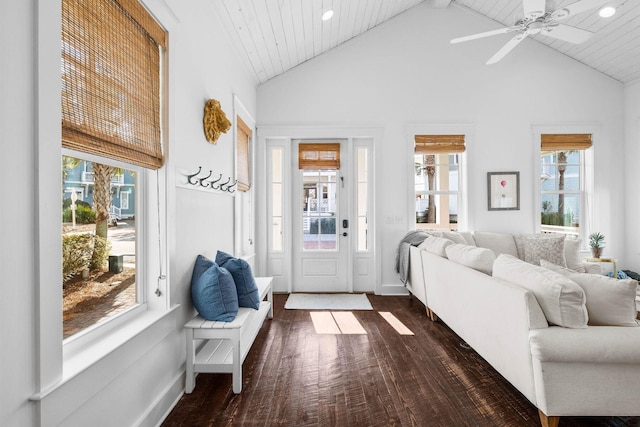 living room with dark hardwood / wood-style floors, high vaulted ceiling, ceiling fan, and wooden ceiling