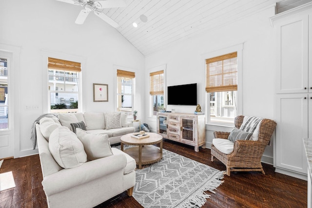 living room with ceiling fan, high vaulted ceiling, wooden ceiling, and dark hardwood / wood-style floors