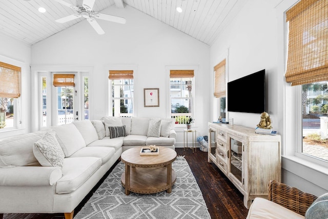 living room with ceiling fan, beamed ceiling, dark wood-type flooring, and high vaulted ceiling