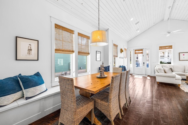 dining area featuring vaulted ceiling with beams, dark hardwood / wood-style floors, ceiling fan, and wood ceiling