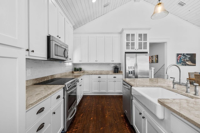 kitchen with white cabinets, sink, tasteful backsplash, wood ceiling, and stainless steel appliances