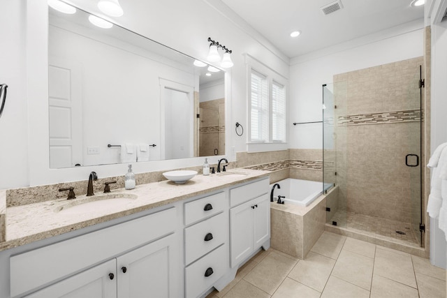 bathroom featuring separate shower and tub, tile patterned flooring, vanity, and ornamental molding