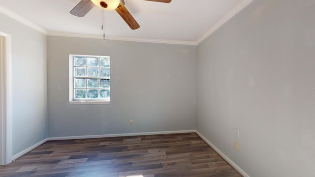 unfurnished room featuring dark hardwood / wood-style flooring, ceiling fan, and crown molding