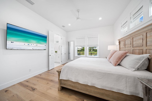 bedroom featuring light wood-style floors, recessed lighting, baseboards, and a ceiling fan