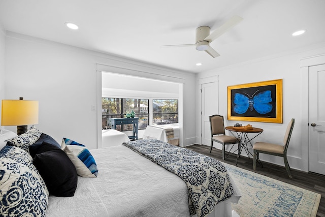 bedroom featuring dark wood-type flooring and ceiling fan