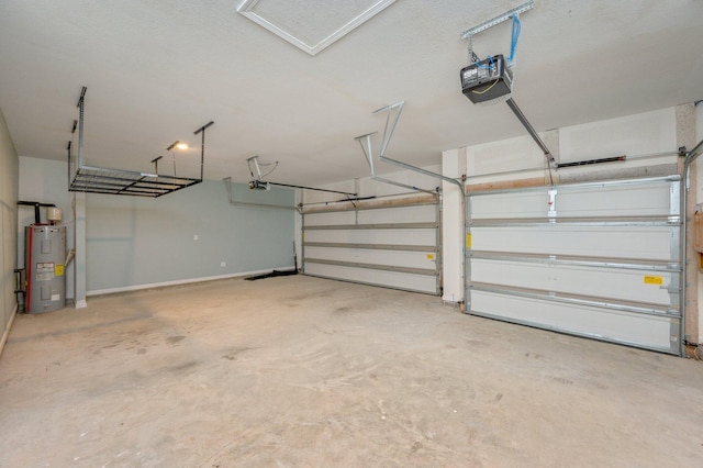 garage featuring water heater and a garage door opener