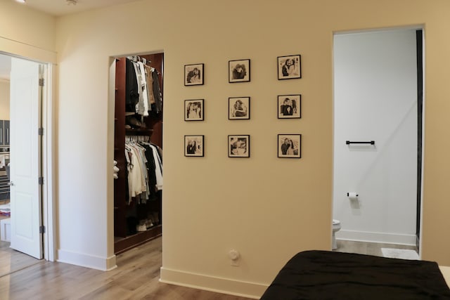 interior space featuring connected bathroom, a spacious closet, a closet, and light wood-type flooring