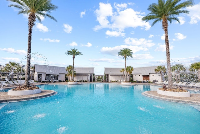 view of pool featuring pool water feature