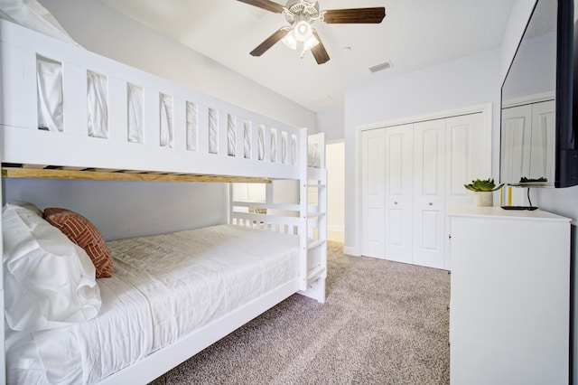 bedroom featuring carpet flooring and ceiling fan