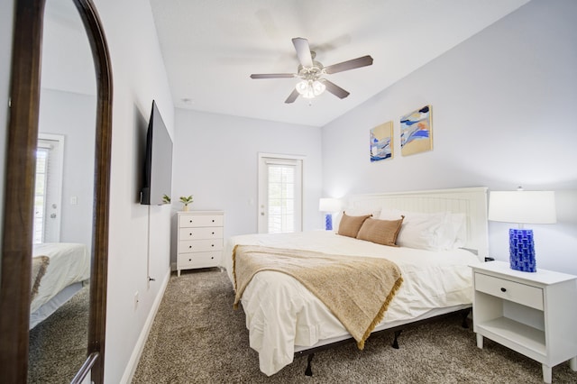 bedroom with ceiling fan and dark carpet