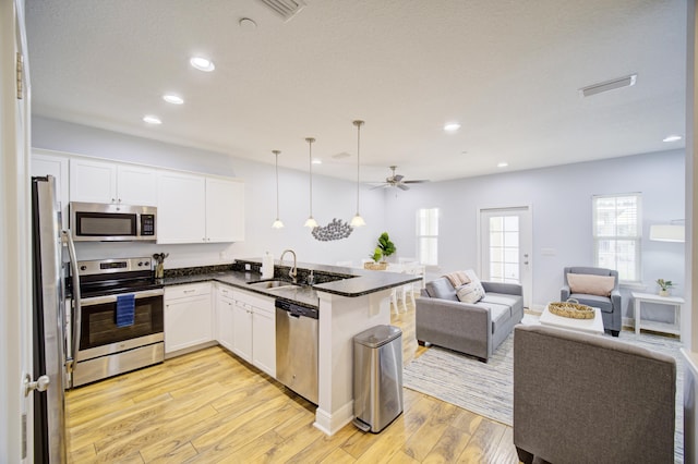 kitchen with appliances with stainless steel finishes, sink, pendant lighting, light hardwood / wood-style flooring, and white cabinets