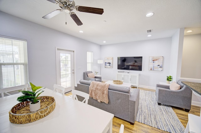 living room featuring light hardwood / wood-style flooring, plenty of natural light, and ceiling fan